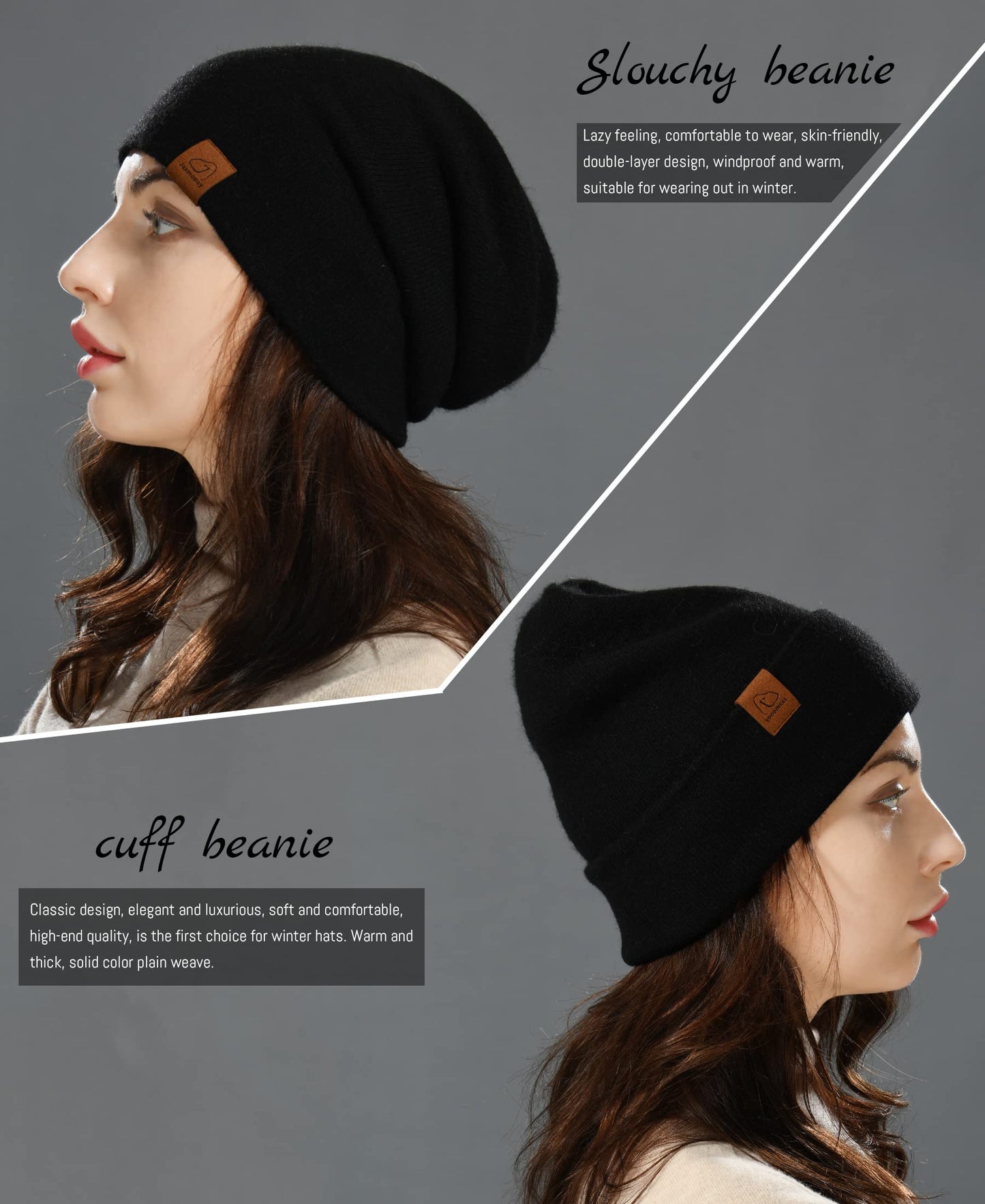 jaxmonoy Wool Cashmere Slouchy Knit Beanies Winter Hats for Women Soft Warm Double Layer Reversible Slouch Skull Beanie Cap