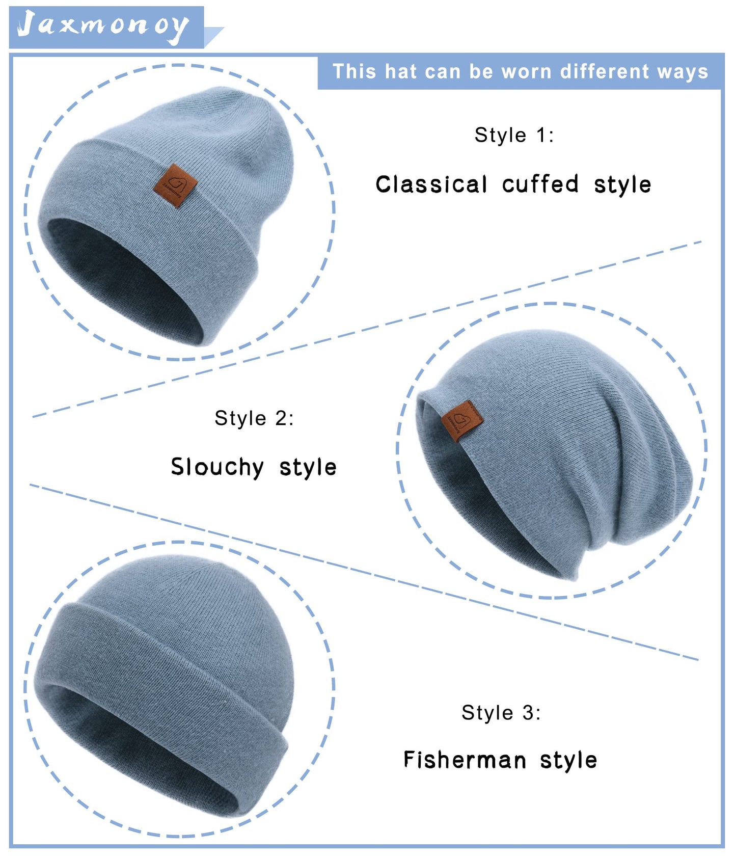 jaxmonoy Wool Cashmere Slouchy Knit Beanies Winter Hats for Women Soft Warm Double Layer Reversible Slouch Skull Beanie Cap