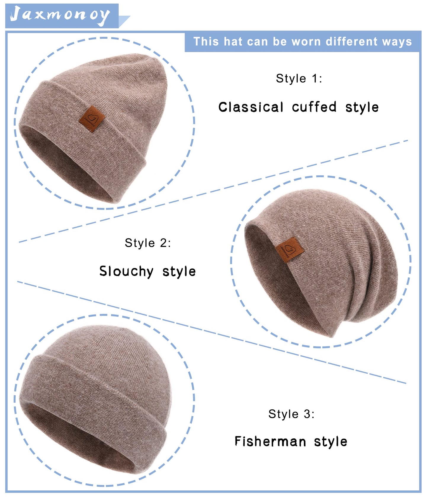 jaxmonoy Wool Cashmere Slouchy Knit Beanies Winter Hats for Women Soft Warm Double Layer Reversible Slouch Skull Beanie Cap