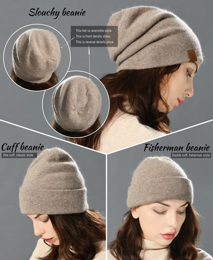 jaxmonoy Wool Cashmere Slouchy Knit Beanies Winter Hats for Women Soft Warm Double Layer Reversible Slouch Skull Beanie Cap