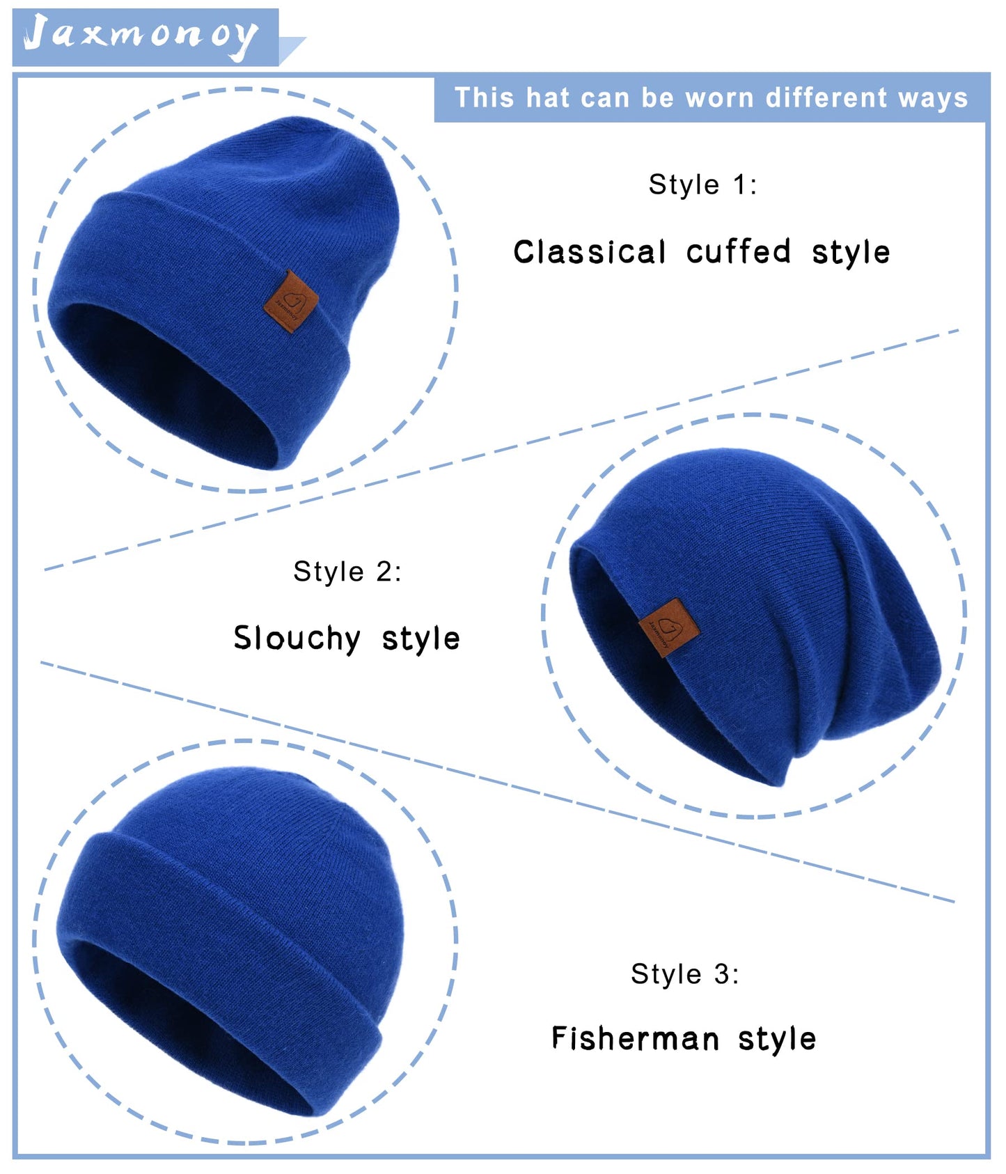 jaxmonoy Wool Cashmere Slouchy Knit Beanies Winter Hats for Women Soft Warm Double Layer Reversible Slouch Skull Beanie Cap