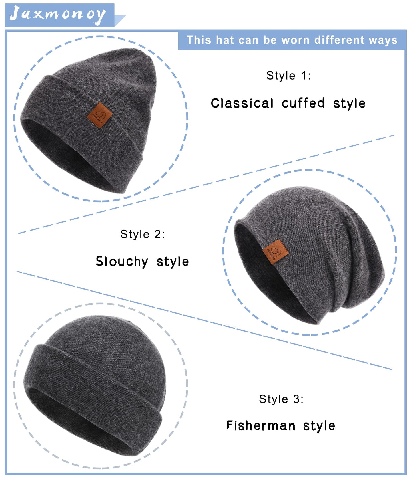 jaxmonoy Wool Cashmere Slouchy Knit Beanies Winter Hats for Women Soft Warm Double Layer Reversible Slouch Skull Beanie Cap