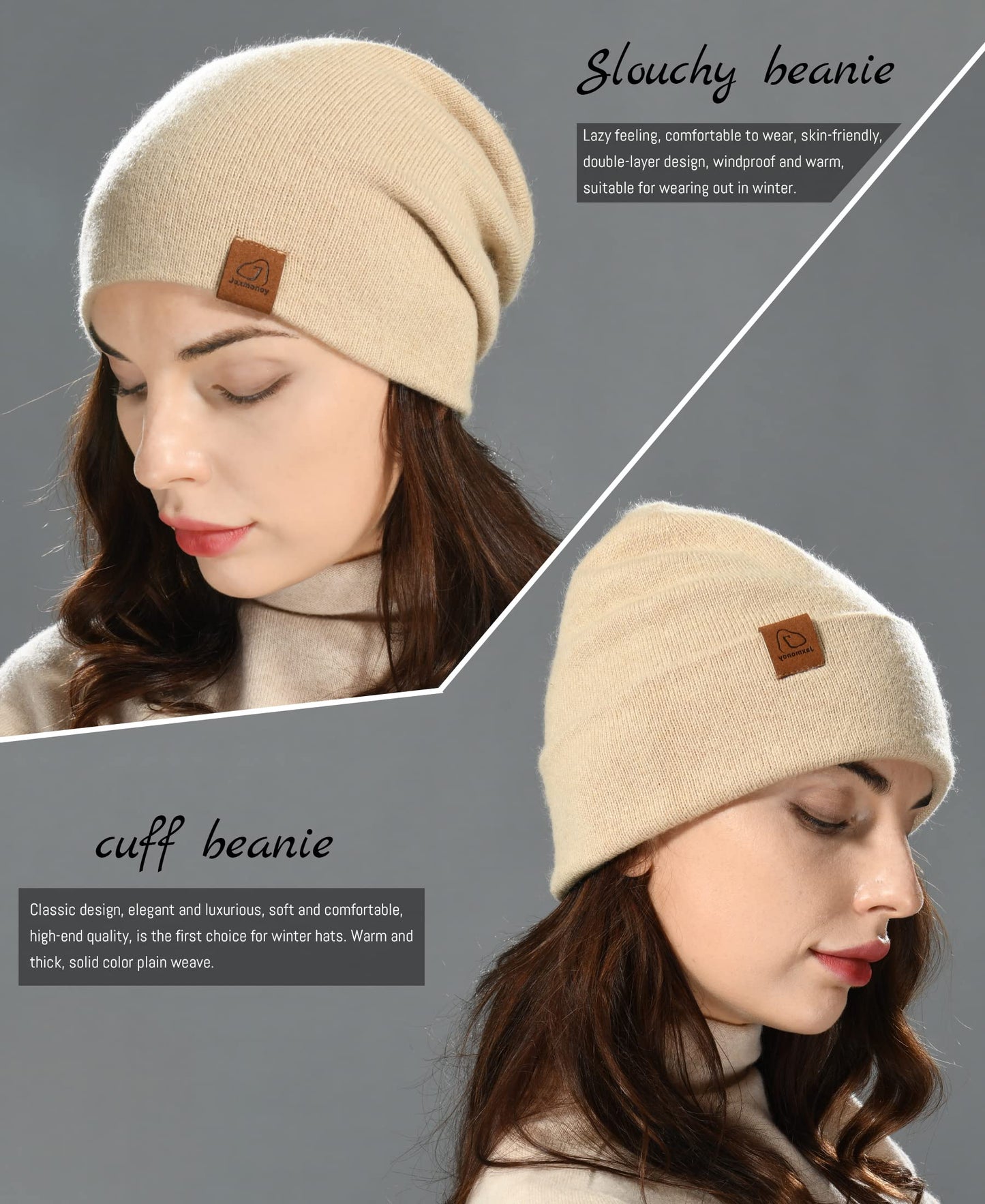 jaxmonoy Wool Cashmere Slouchy Knit Beanies Winter Hats for Women Soft Warm Double Layer Reversible Slouch Skull Beanie Cap