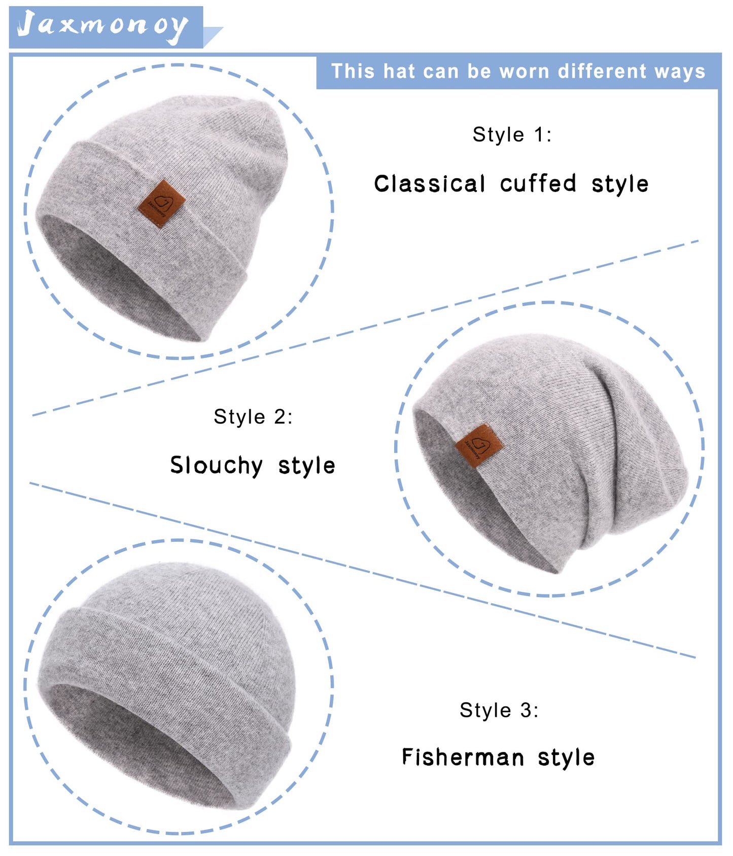 jaxmonoy Wool Cashmere Slouchy Knit Beanies Winter Hats for Women Soft Warm Double Layer Reversible Slouch Skull Beanie Cap