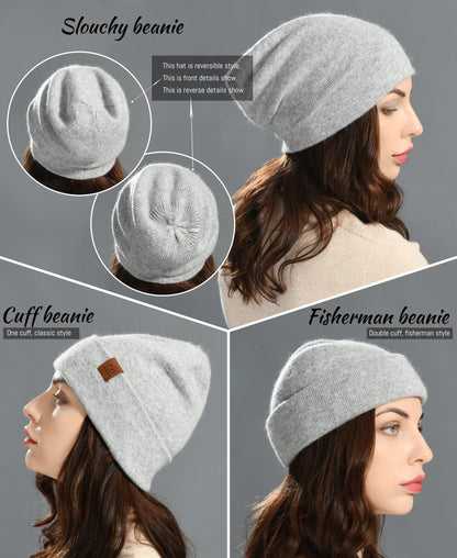 jaxmonoy Wool Cashmere Slouchy Knit Beanies Winter Hats for Women Soft Warm Double Layer Reversible Slouch Skull Beanie Cap