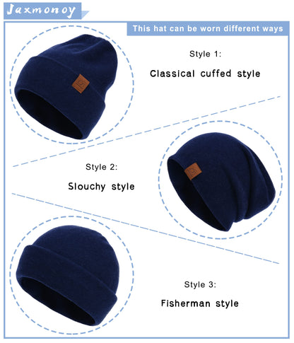 jaxmonoy Wool Cashmere Slouchy Knit Beanies Winter Hats for Women Soft Warm Double Layer Reversible Slouch Skull Beanie Cap