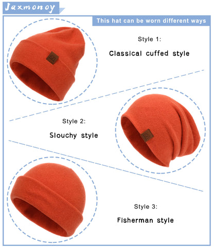 jaxmonoy Wool Cashmere Slouchy Knit Beanies Winter Hats for Women Soft Warm Double Layer Reversible Slouch Skull Beanie Cap