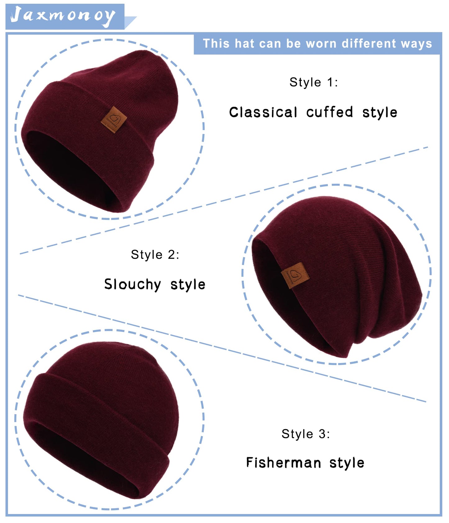 jaxmonoy Wool Cashmere Slouchy Knit Beanies Winter Hats for Women Soft Warm Double Layer Reversible Slouch Skull Beanie Cap