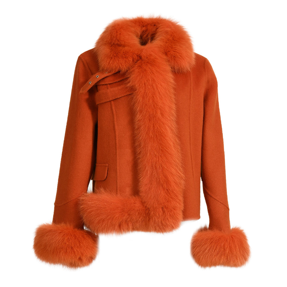 Short Style Handmade Sew Cashmere Coat Removable Fox Fur Cuffs And Stand Collar