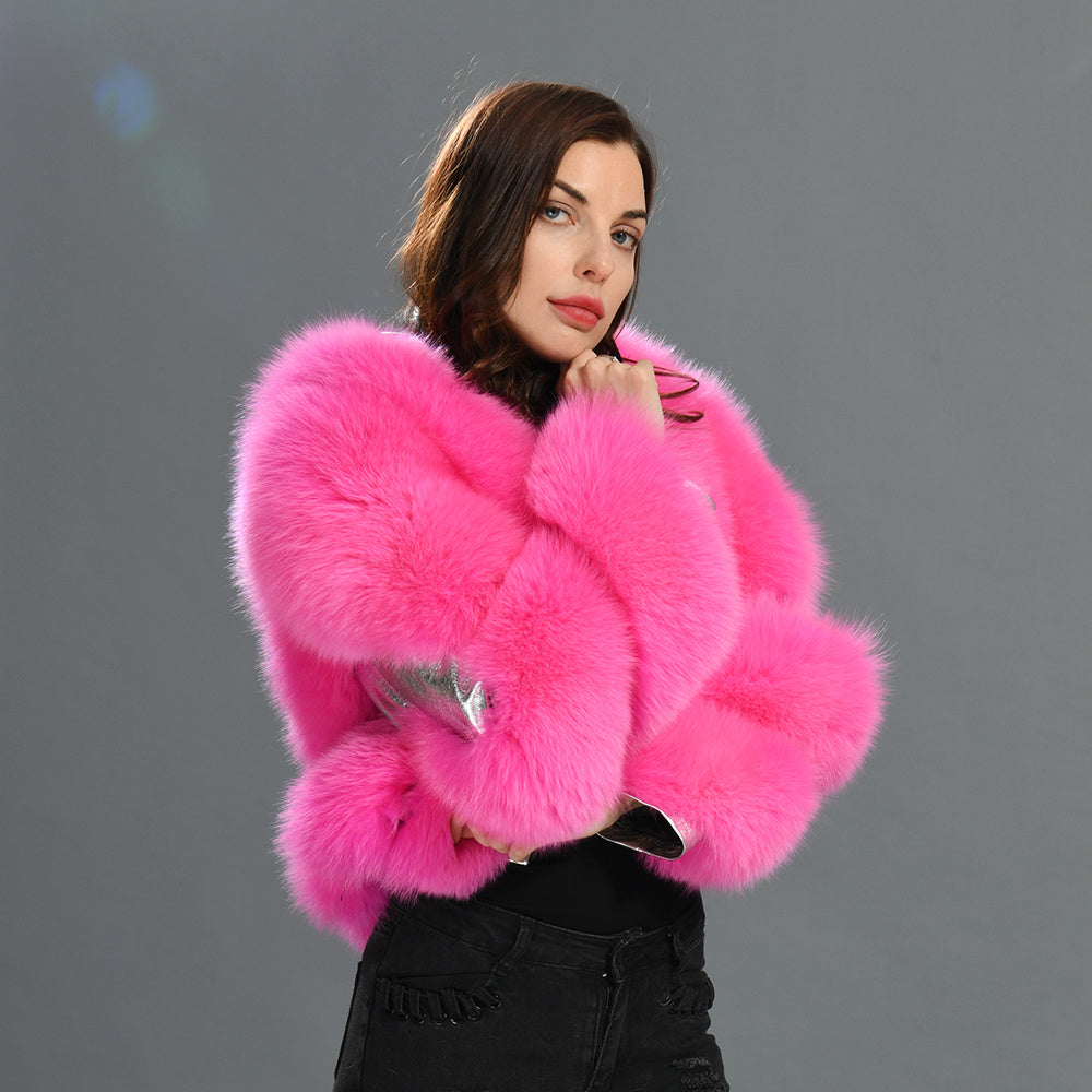 Special Design Real Fluffy Fox Fur Fur Sheep Shearing Sheepskin lapel Suede Jacket For Women