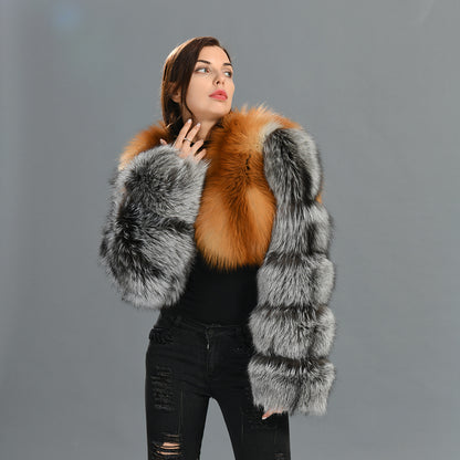 Ladies Two Colors Fox Fur Coat Bubble Sleeves Cropped Fluffy Real Fox Fur Coat