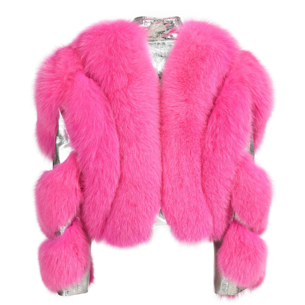 Special Design Real Fluffy Fox Fur Fur Sheep Shearing Sheepskin lapel Suede Jacket For Women