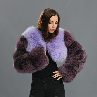 Ladies Two Colors Fox Fur Coat Bubble Sleeves Cropped Fluffy Real Fox Fur Coat