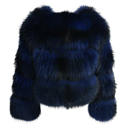 Crew Neck Warm Real Fluffy Fur Coat