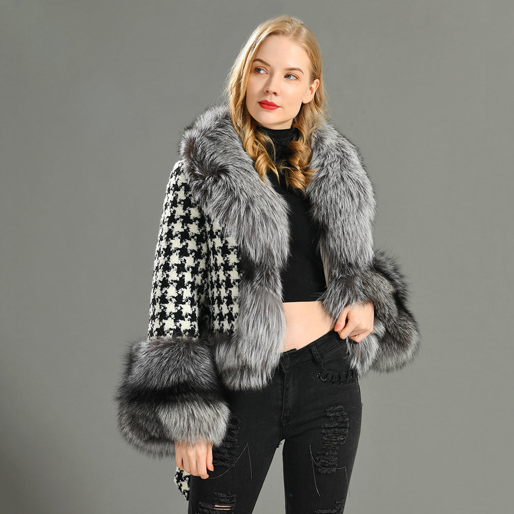 Luxury Style Natural Red Fox Fur Collar Soft Wool Jacket Satin Lining Women Winter Woolen Jacket Coat