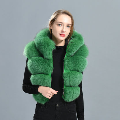 Ladies High Quality Thick Warm Short Hooded Fur Vest Custom Fox Fur Gilet Women Real Fox Fur Vest