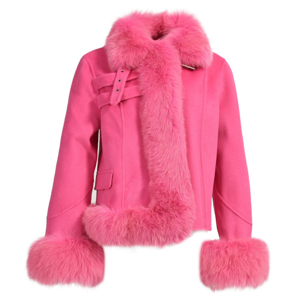 Short Style Handmade Sew Cashmere Coat Removable Fox Fur Cuffs And Stand Collar