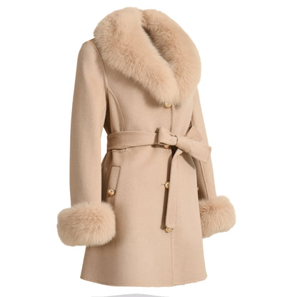 Luxurious Ladies Cashmere Coat with Real Fox Fur Collar and Cuffs