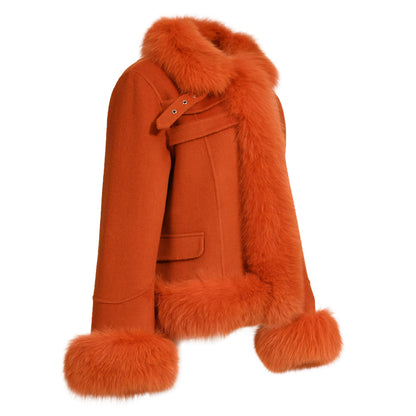 Short Style Handmade Sew Cashmere Coat Removable Fox Fur Cuffs And Stand Collar