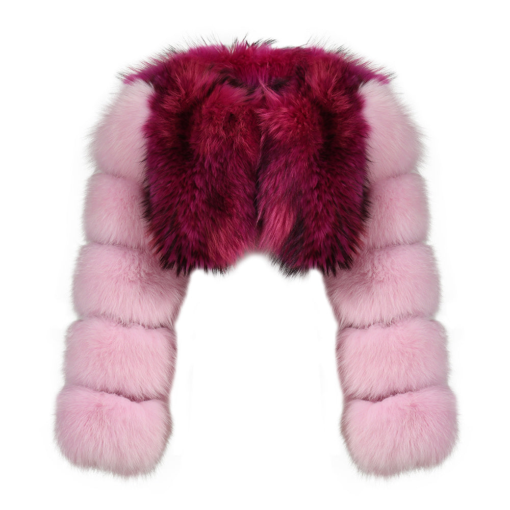 Ladies Two Colors Fox Fur Coat Bubble Sleeves Cropped Fluffy Real Fox Fur Coat