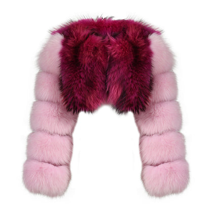 Ladies Two Colors Fox Fur Coat Bubble Sleeves Cropped Fluffy Real Fox Fur Coat