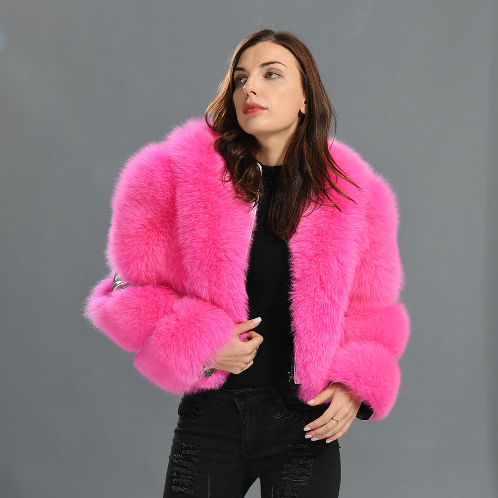 Special Design Real Fluffy Fox Fur Fur Sheep Shearing Sheepskin lapel Suede Jacket For Women