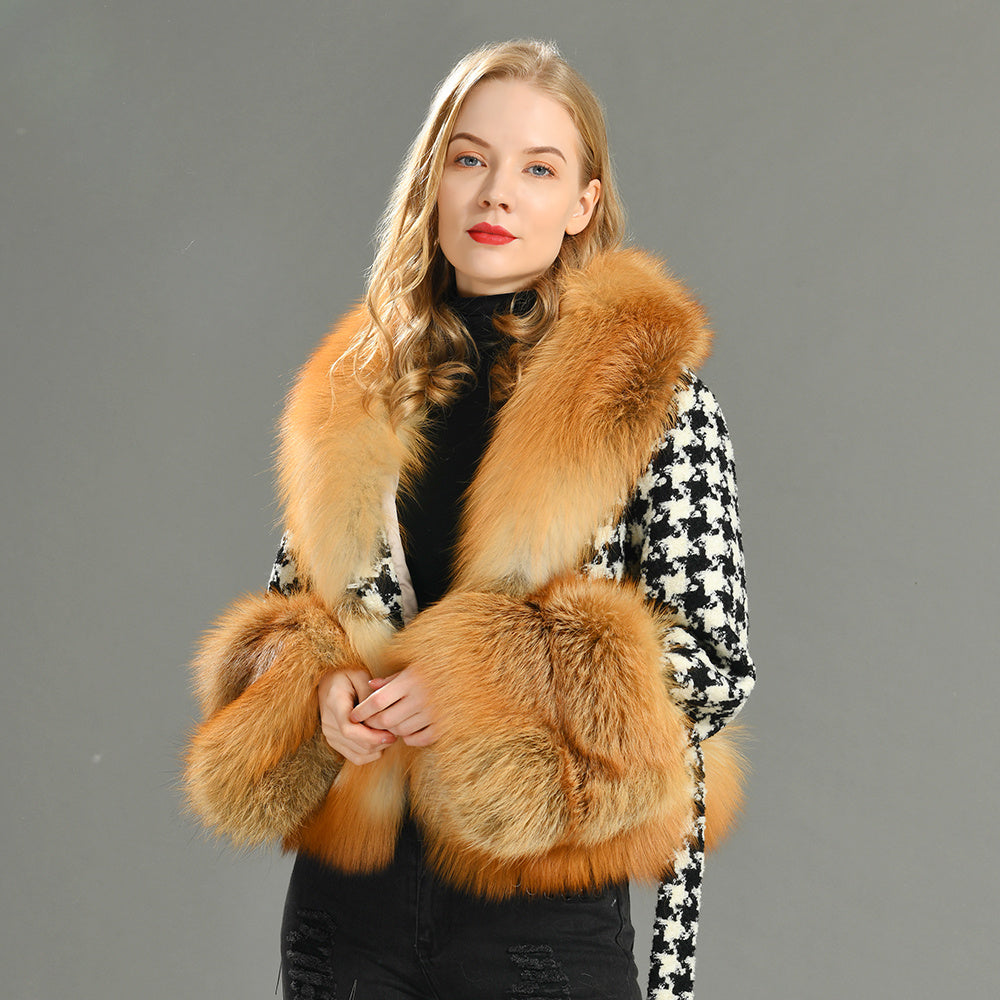 Luxury Style Natural Red Fox Fur Collar Soft Wool Jacket Satin Lining Women Winter Woolen Jacket Coat