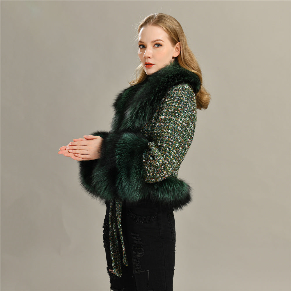 Luxury Style Natural Red Fox Fur Collar Soft Wool Jacket Satin Lining Women Winter Woolen Jacket Coat