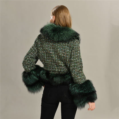 Luxury Style Natural Red Fox Fur Collar Soft Wool Jacket Satin Lining Women Winter Woolen Jacket Coat