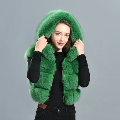 Ladies High Quality Thick Warm Short Hooded Fur Vest Custom Fox Fur Gilet Women Real Fox Fur Vest