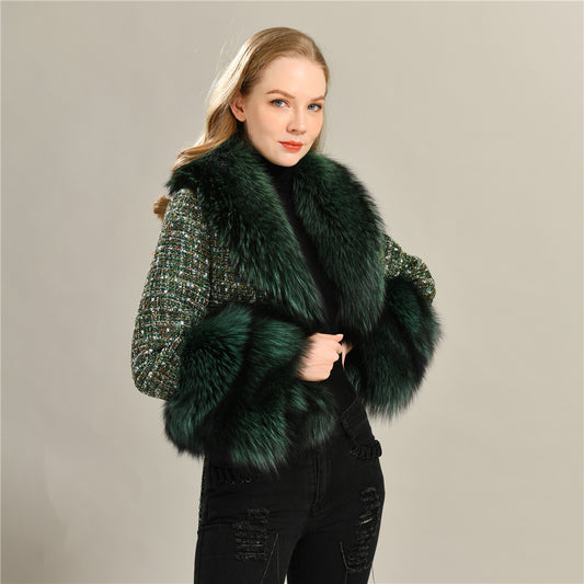 Luxury Style Natural Red Fox Fur Collar Soft Wool Jacket Satin Lining Women Winter Woolen Jacket Coat