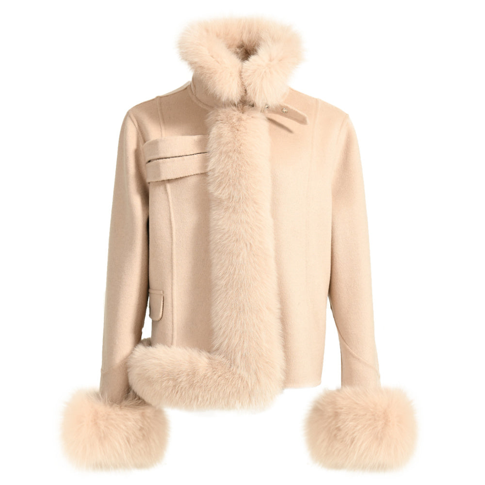 Short Style Handmade Sew Cashmere Coat Removable Fox Fur Cuffs And Stand Collar