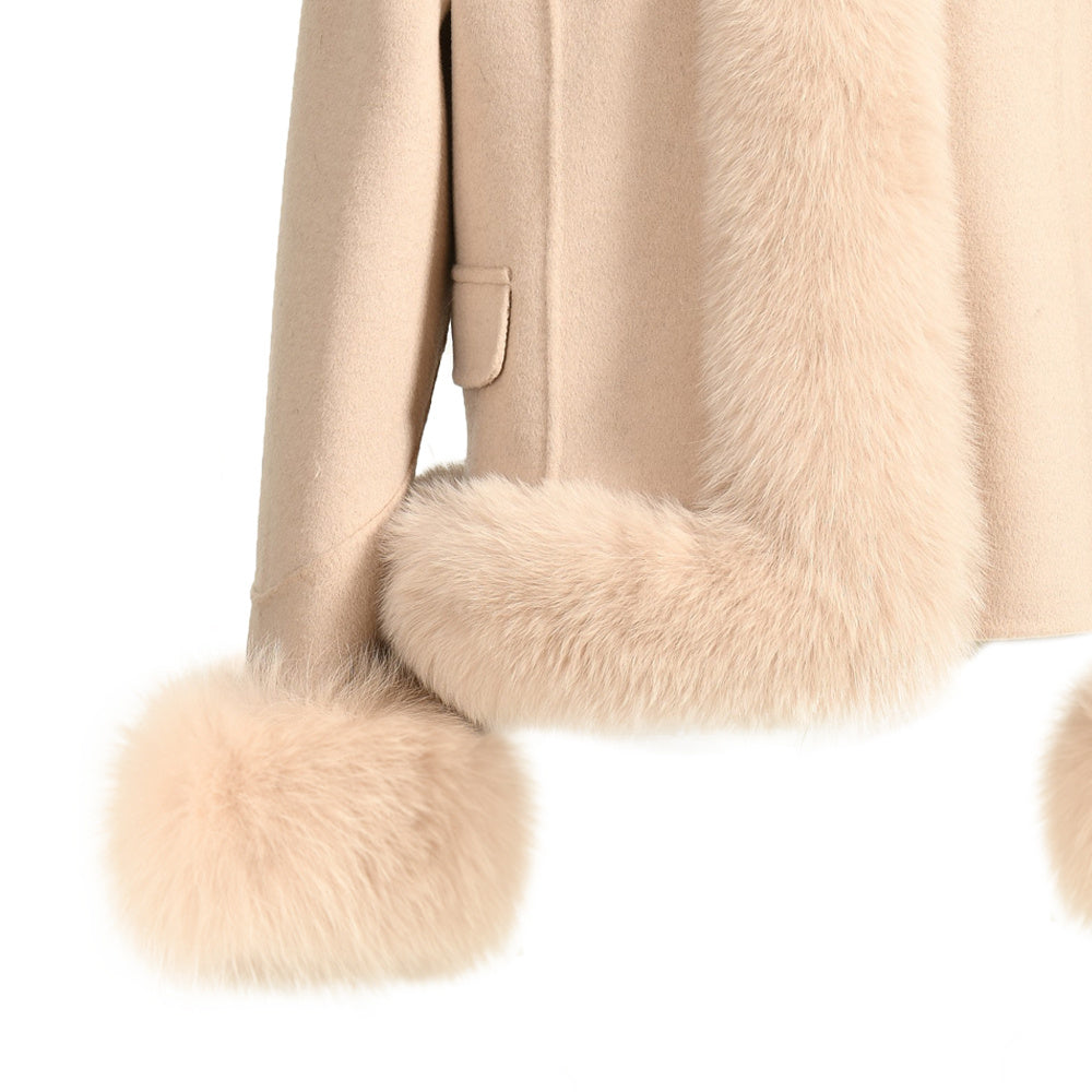 Short Style Handmade Sew Cashmere Coat Removable Fox Fur Cuffs And Stand Collar