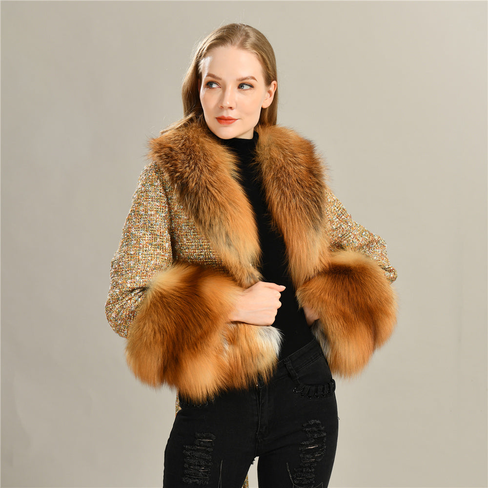 Luxury Style Natural Red Fox Fur Collar Soft Wool Jacket Satin Lining Women Winter Woolen Jacket Coat