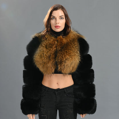 Ladies Two Colors Fox Fur Coat Bubble Sleeves Cropped Fluffy Real Fox Fur Coat