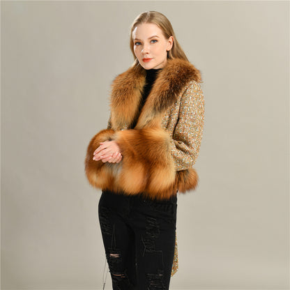 Luxury Style Natural Red Fox Fur Collar Soft Wool Jacket Satin Lining Women Winter Woolen Jacket Coat