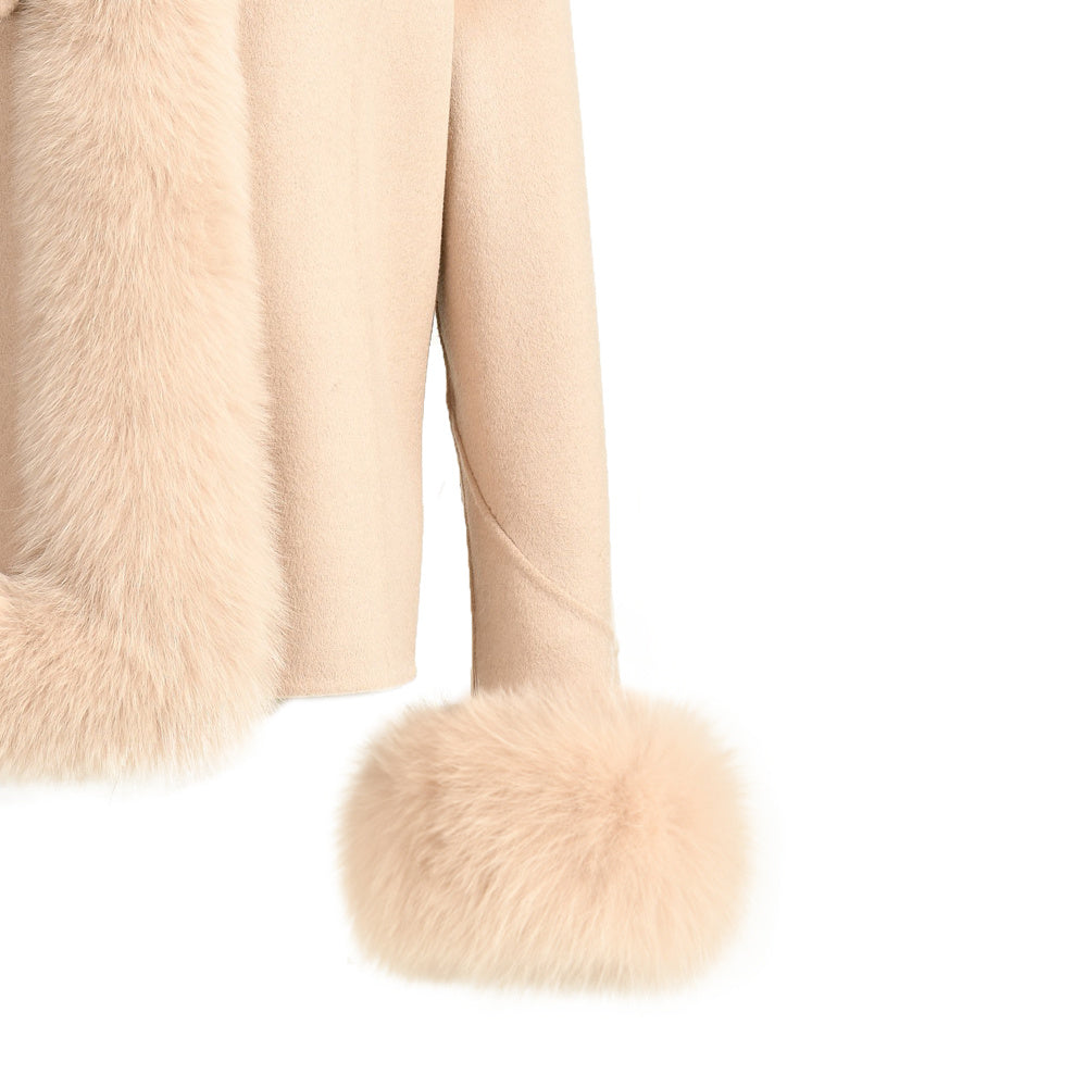 Short Style Handmade Sew Cashmere Coat Removable Fox Fur Cuffs And Stand Collar