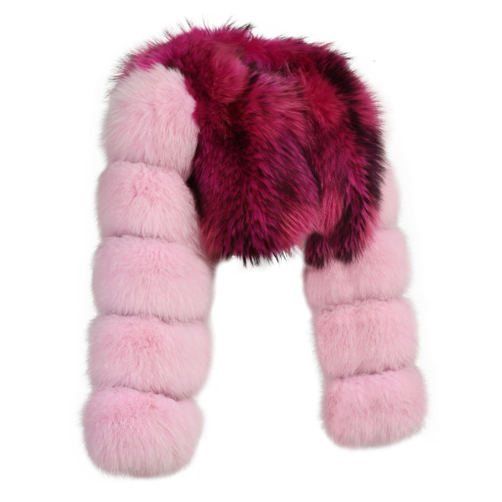 Ladies Two Colors Fox Fur Coat Bubble Sleeves Cropped Fluffy Real Fox Fur Coat