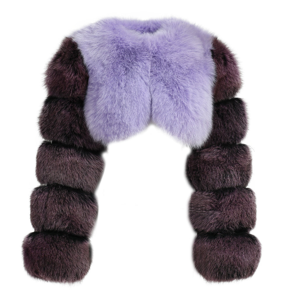 Ladies Two Colors Fox Fur Coat Bubble Sleeves Cropped Fluffy Real Fox Fur Coat