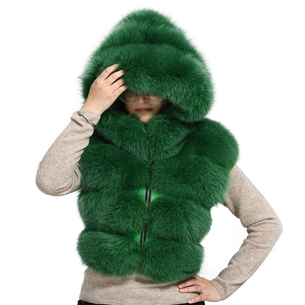 Ladies High Quality Thick Warm Short Hooded Fur Vest Custom Fox Fur Gilet Women Real Fox Fur Vest