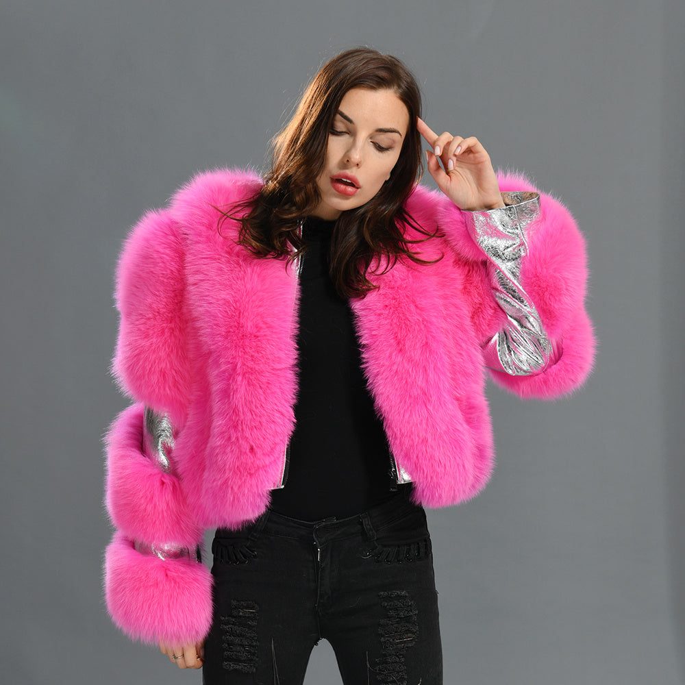 Special Design Real Fluffy Fox Fur Fur Sheep Shearing Sheepskin lapel Suede Jacket For Women