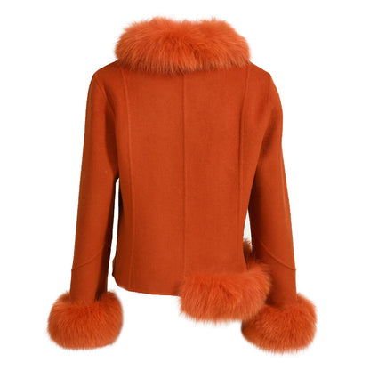 Short Style Handmade Sew Cashmere Coat Removable Fox Fur Cuffs And Stand Collar