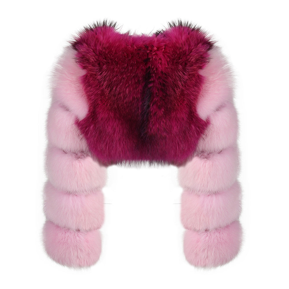 Ladies Two Colors Fox Fur Coat Bubble Sleeves Cropped Fluffy Real Fox Fur Coat