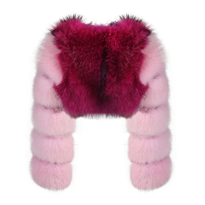 Ladies Two Colors Fox Fur Coat Bubble Sleeves Cropped Fluffy Real Fox Fur Coat