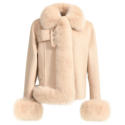 Short Style Handmade Sew Cashmere Coat Removable Fox Fur Cuffs And Stand Collar