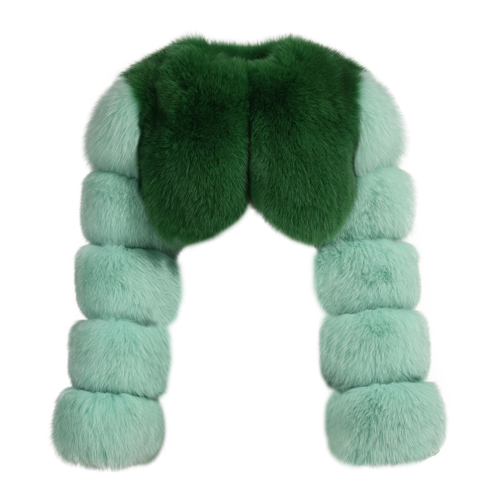 Ladies Two Colors Fox Fur Coat Bubble Sleeves Cropped Fluffy Real Fox Fur Coat