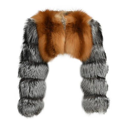 Ladies Two Colors Fox Fur Coat Bubble Sleeves Cropped Fluffy Real Fox Fur Coat