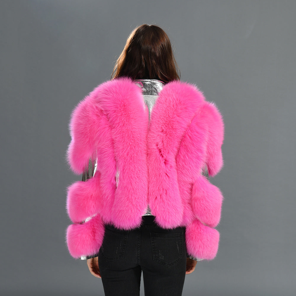 Special Design Real Fluffy Fox Fur Fur Sheep Shearing Sheepskin lapel Suede Jacket For Women