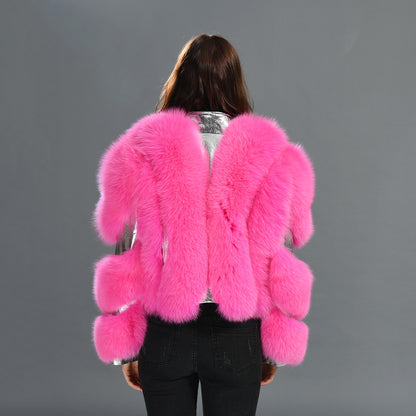 Special Design Real Fluffy Fox Fur Fur Sheep Shearing Sheepskin lapel Suede Jacket For Women