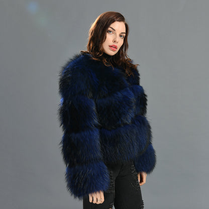 Crew Neck Warm Real Fluffy Fur Coat